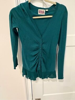 Rosie Neira Anthropologie Teal Long-Sleeve Ruched Button Front Sweater